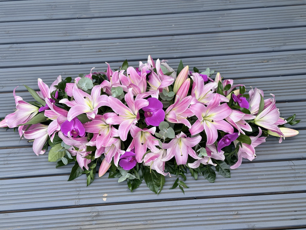 Elegant Pink Lilies and Orchid Casket Spray - Rams florists