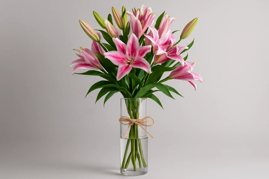 Luxury pink lilies in a clear vase 