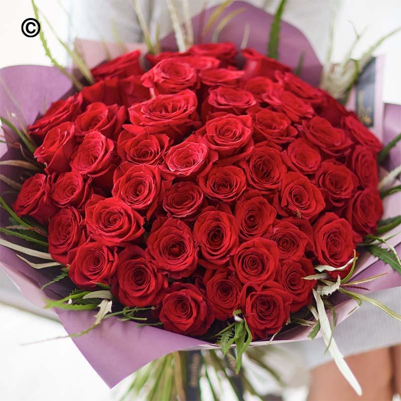 50 Large headed Red Rose Valentines Bouquet