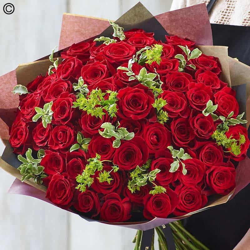 Dazzling 50 Red Rose Bouquet – buy online or call 01908 373020